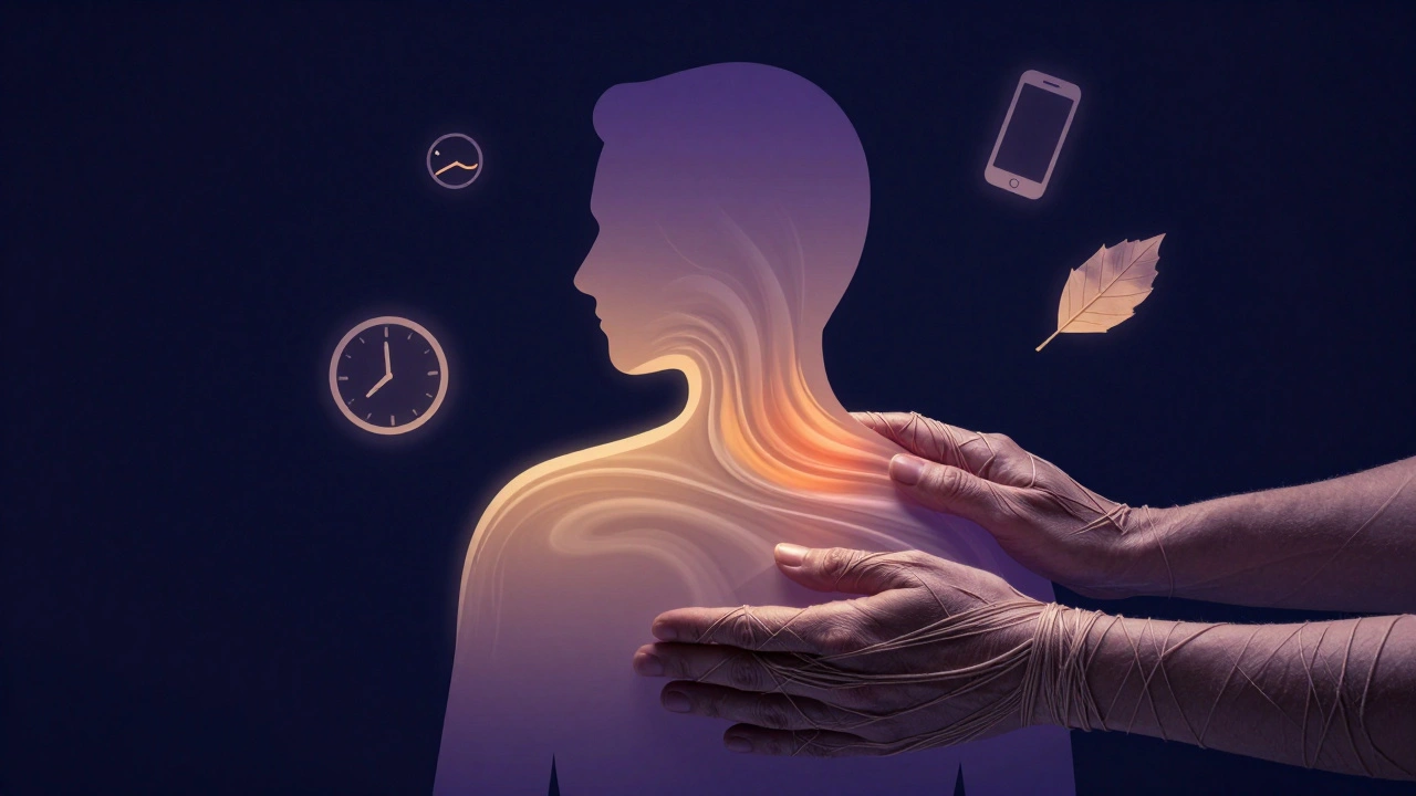 Conceptuele afbeelding van spanning die loslaat in licht en lijnen, terwijl zachte handen het lichaam ondersteunen in een vredige omgeving.