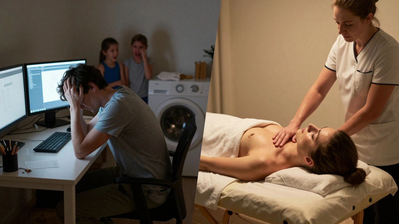 Contrast tussen gestrest persoon thuis en dezelfde persoon ontspannen tijdens een massage.