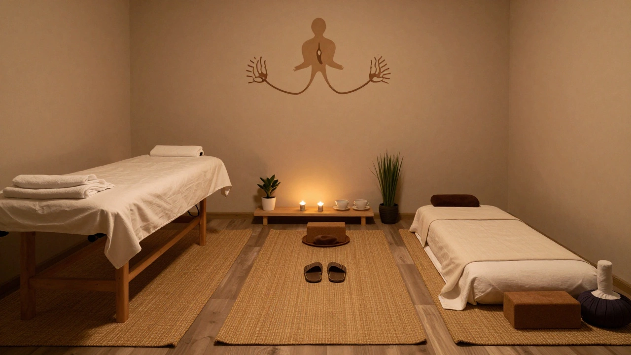 Drie verschillende stijlen koppelmassage worden geïllustreerd in een rustige Amsterdamse massagestudio.