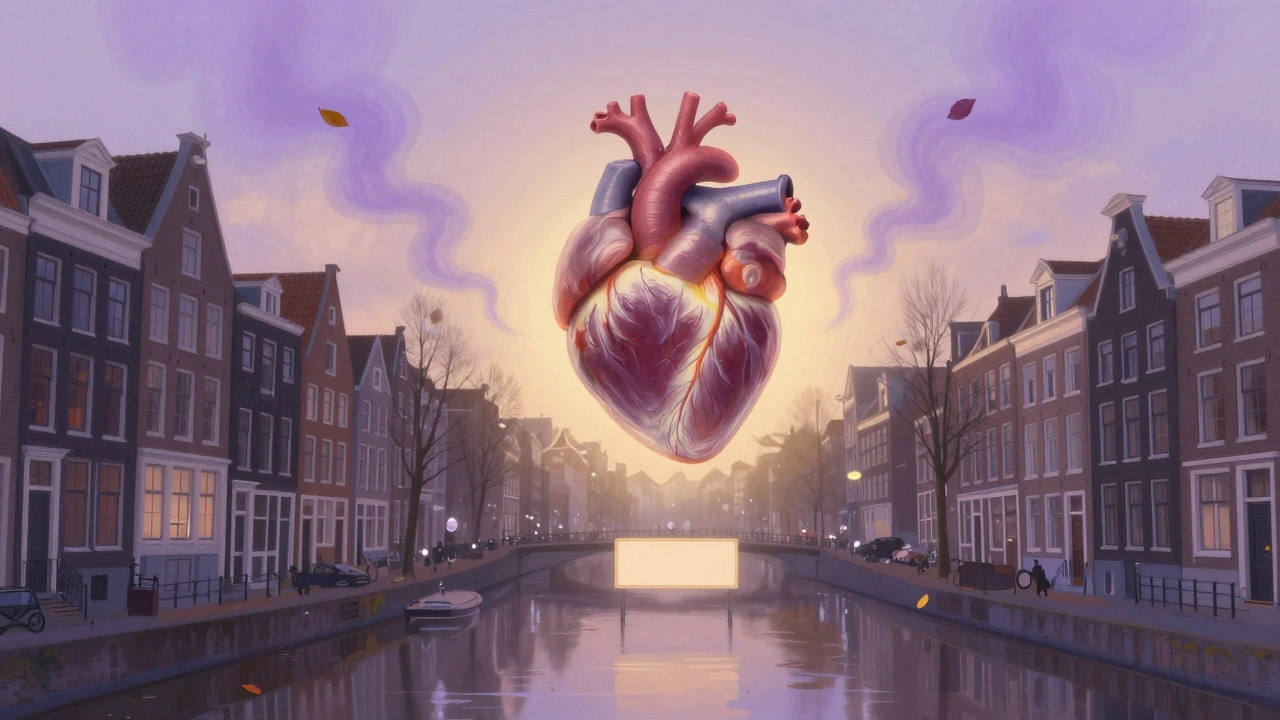Een hart dat zacht licht uitstraalt boven een Amsterdamse straat, omgeven door lavendelrook en bladeren.