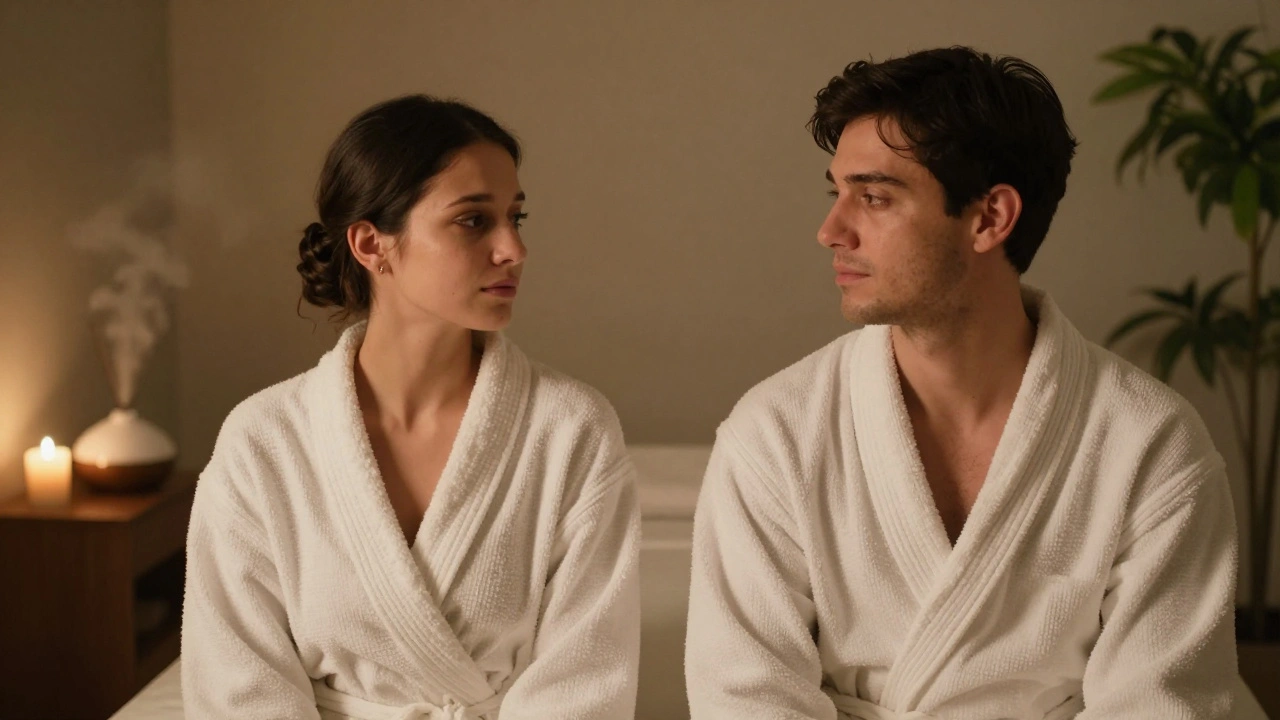 Een koppel kijkt elkaar aan na een massage, zonder woorden, met rustige ogen en een gevoel van diepe verbinding.
