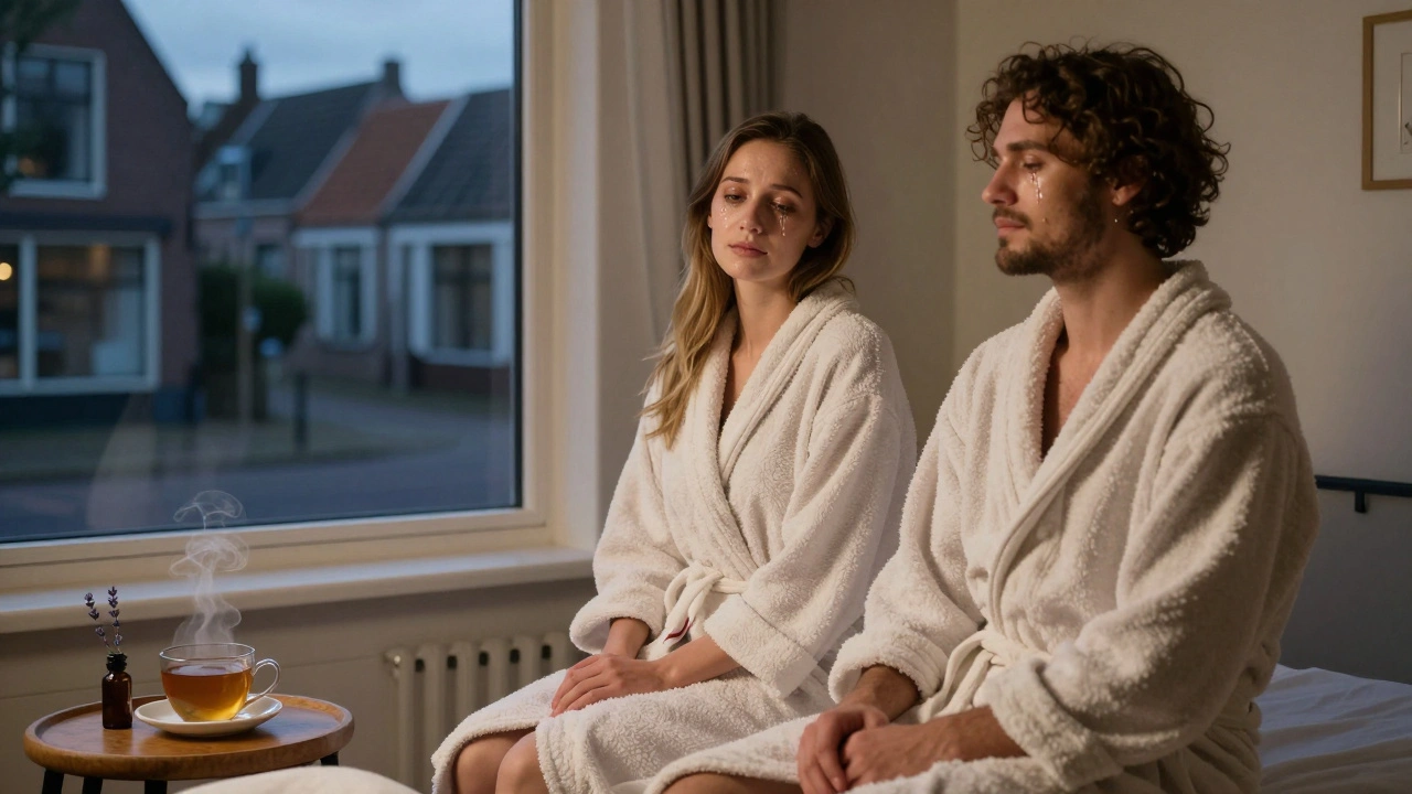 Een koppel staat na de massage, in badjassen, met een diepe, stil blik naar elkaar, een kopje thee op de tafel erbij.