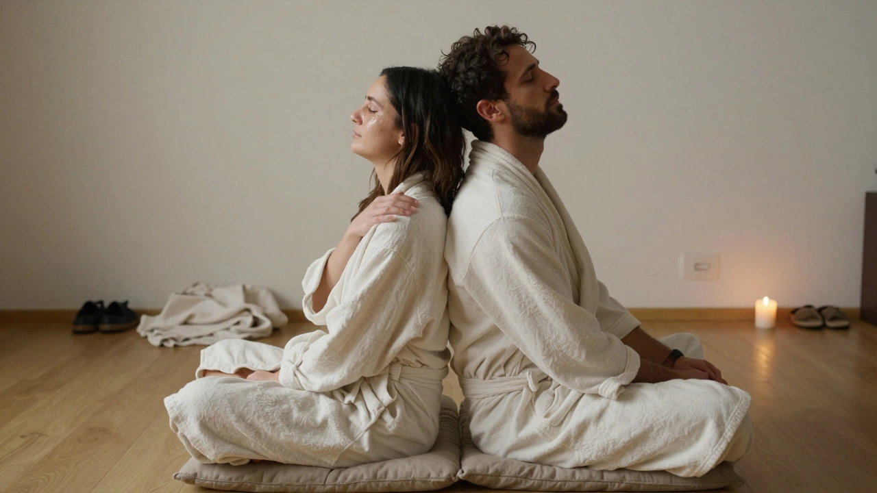 Een koppel zit rug tegen rug, stil en verbonden, na een diep emotionele tantra-sessie.