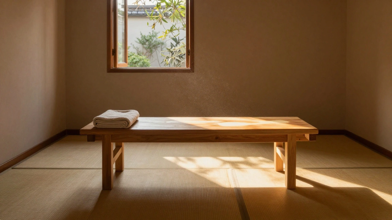 Een lege massagekamer bij zonsopgang, met een gevouwen handdoek en een zachte warmte op de mat.