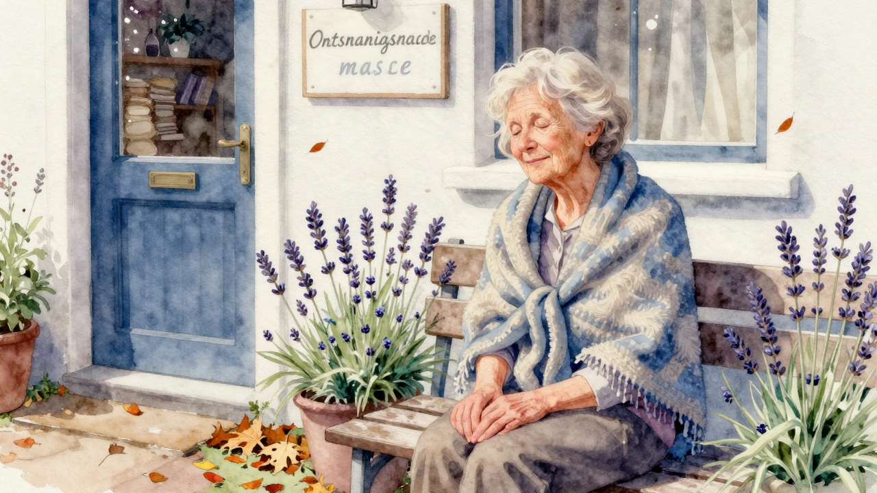 Een oudere vrouw zit rustig op een bank buiten, met een shawl om zich heen, glimlachend en ademend na een ontspanningsmassage.