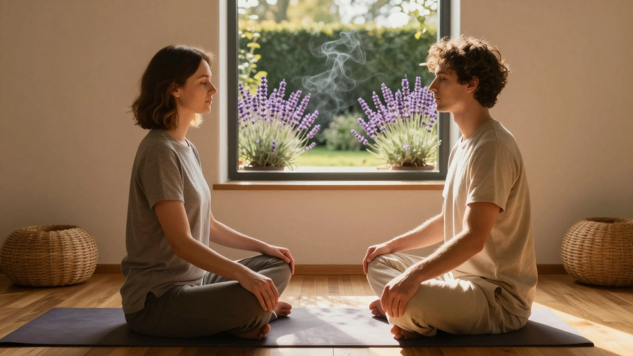 Een paar zit tegenover elkaar, kijkt stil in elkaars ogen, handen op elkaars knieën, in een rustige, lichtgevulde ruimte.