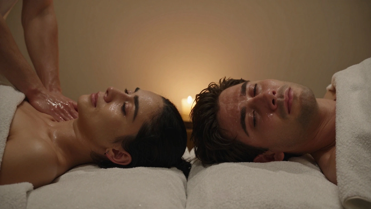 Een partner kijkt met voelbare emotie naar zijn of haar partner tijdens een stil, rustig massagemoment.