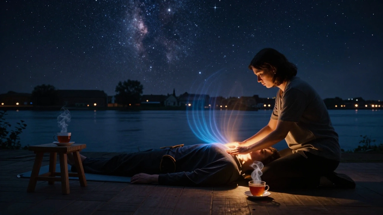 Een persoon ligt onder een sterrenhemelprojectie tijdens een spirituele massage, omgeven door een vredige, donkere ruimte.