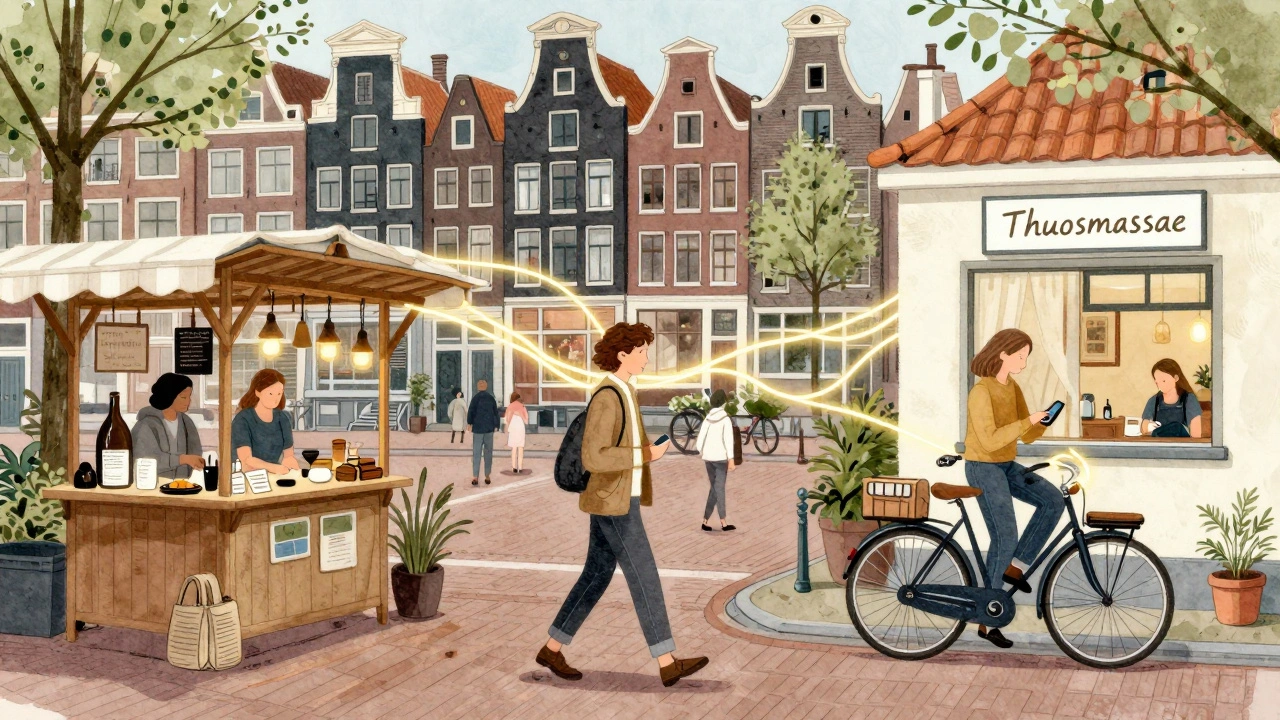 Een persoon loopt door een Amsterdamse wijk, voorbij een kleine massagekraampje, met gouden lijnen die spanning laten verdwijnen.