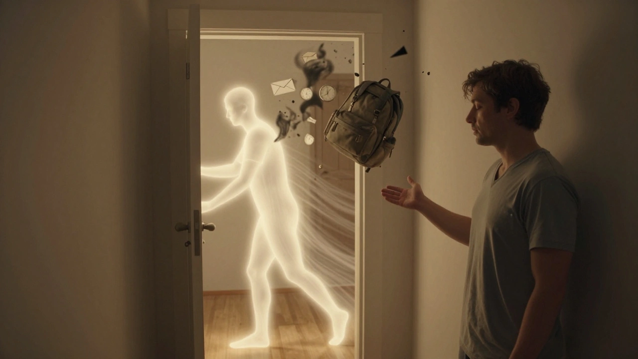 Een persoon opent de deur voor een lichtgevende masseur, terwijl stressvolle beelden in de lucht verdwijnen.