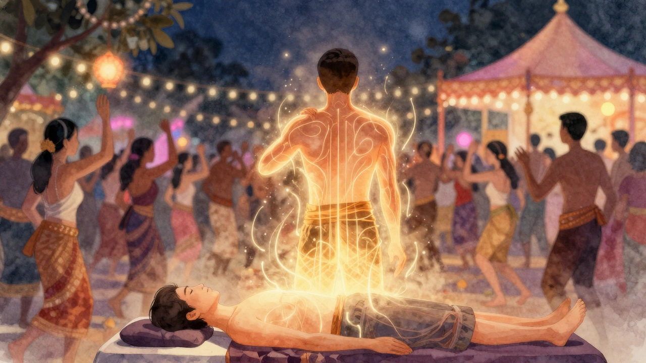 Een persoon stijgt op na een massage, met zichtbare energie die uit hun lichaam stroomt terwijl het festival achter hen leeft.