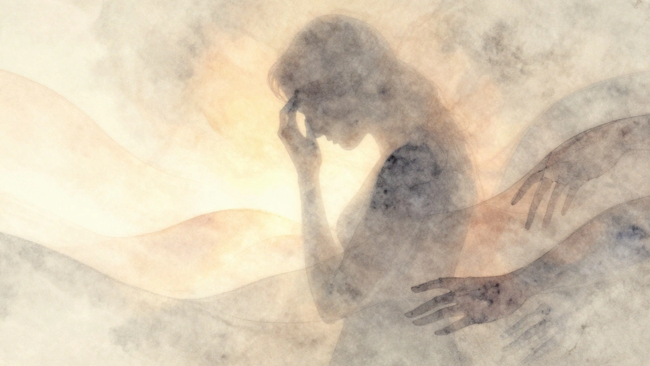 Een silhouet dat oplost in licht en mist, symboliserend het loslaten van stress en emotionele spanning.