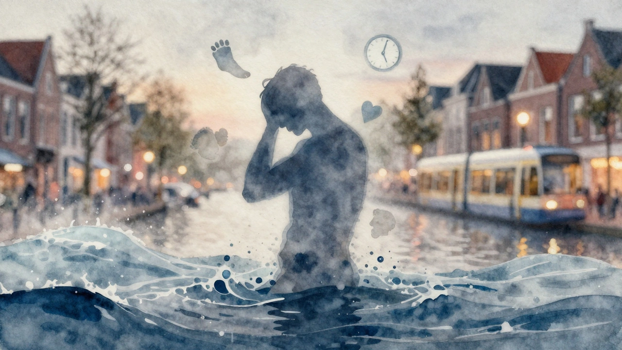 Een silhouet lost op in energiegolven die stress symboliseren, met kleine iconen van voet, hoofd en hart.