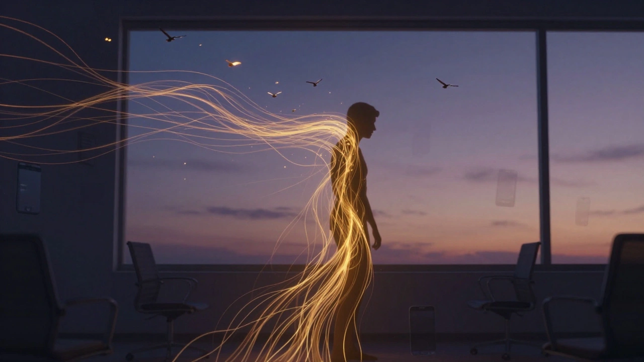 Een silhouet van een persoon die zich ontspant, met energielijnen die opgaan als vogels naar de lucht, symboliserend vrijheid van stress.