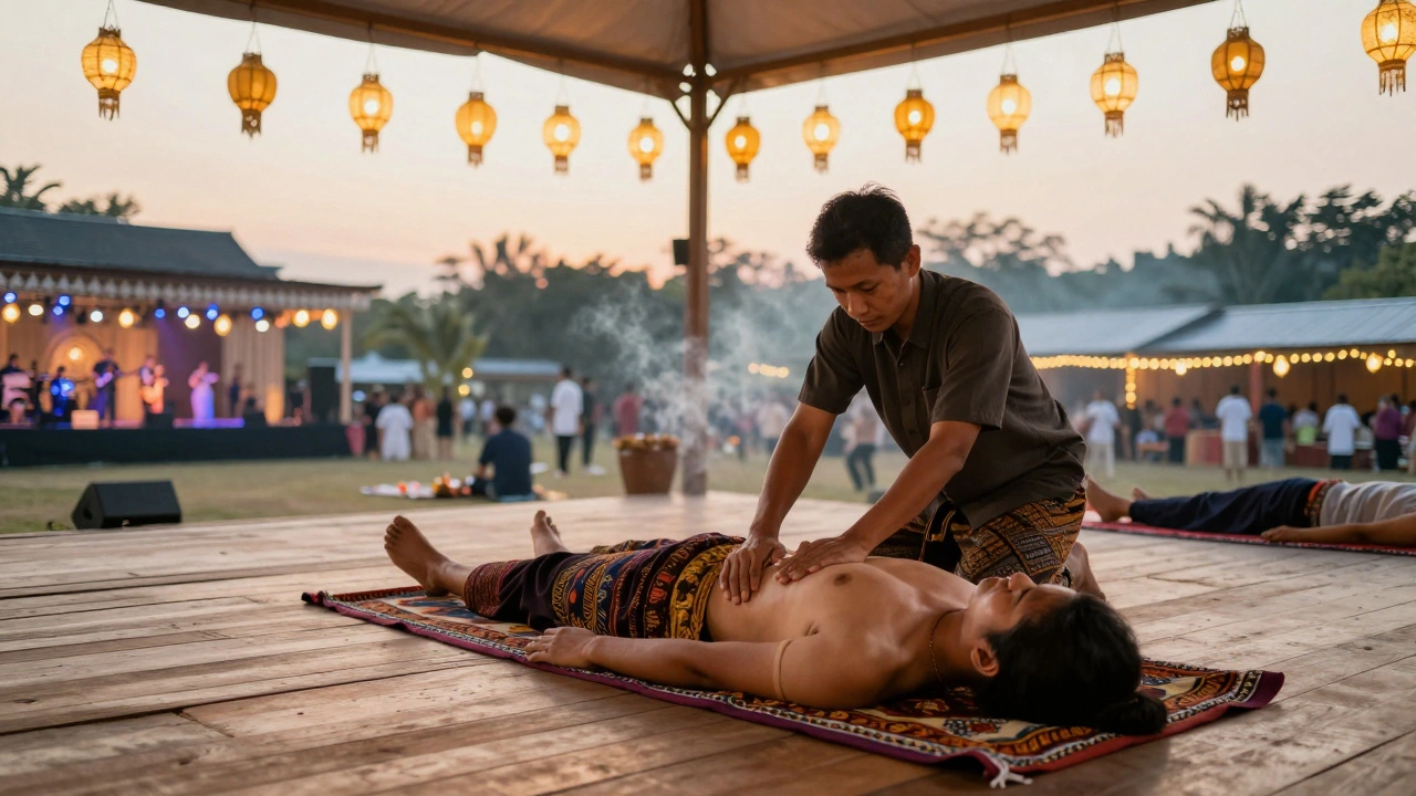 Een Thai masseur gebruikt hun voet om de rug van een client te strekken in een sfeervolle tent op een festivalterrein.
