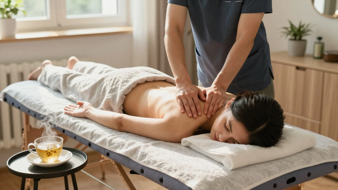 Een vrouw krijgt een mobile massage in haar woonkamer, met een kopje kamillethee op een tafeltje naast haar.