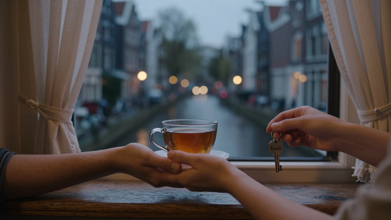 Een warme thee en een sleutel met het woord &#039;Rust&#039; op een vensterbank met zachte avondlichten in de achtergrond.