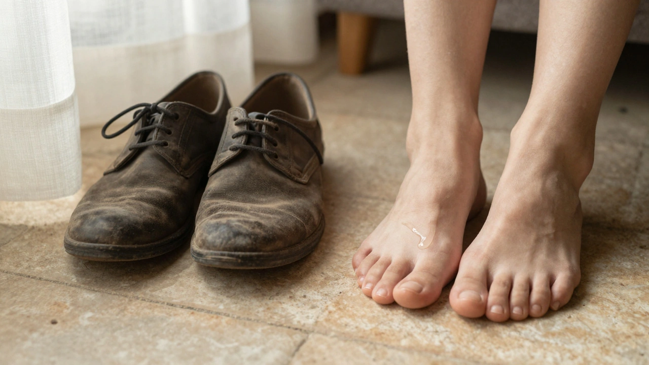 Gewone schoenen naast een paar ontspannen voeten met een druppel lavendelolie op de voetzool.