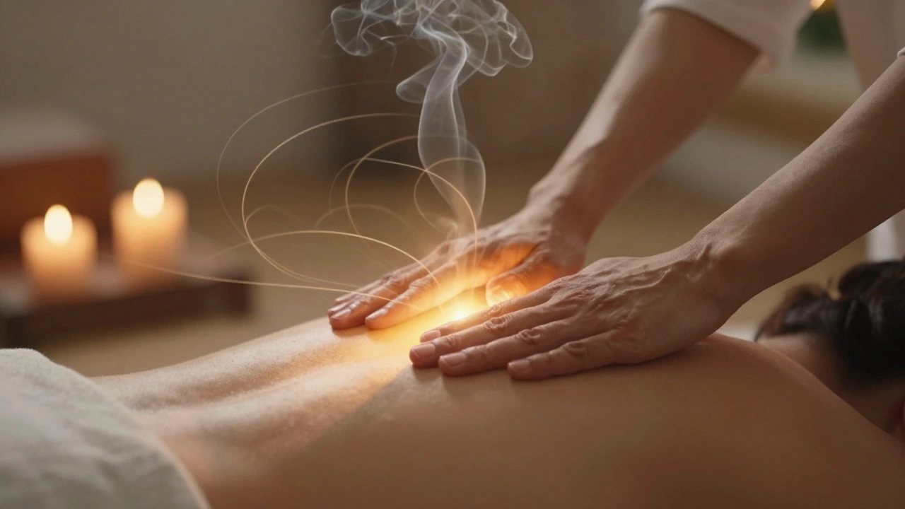 Handen die zacht op het hartgebied rusten, met een warme, gouden energie die uit de aanraking straalt.