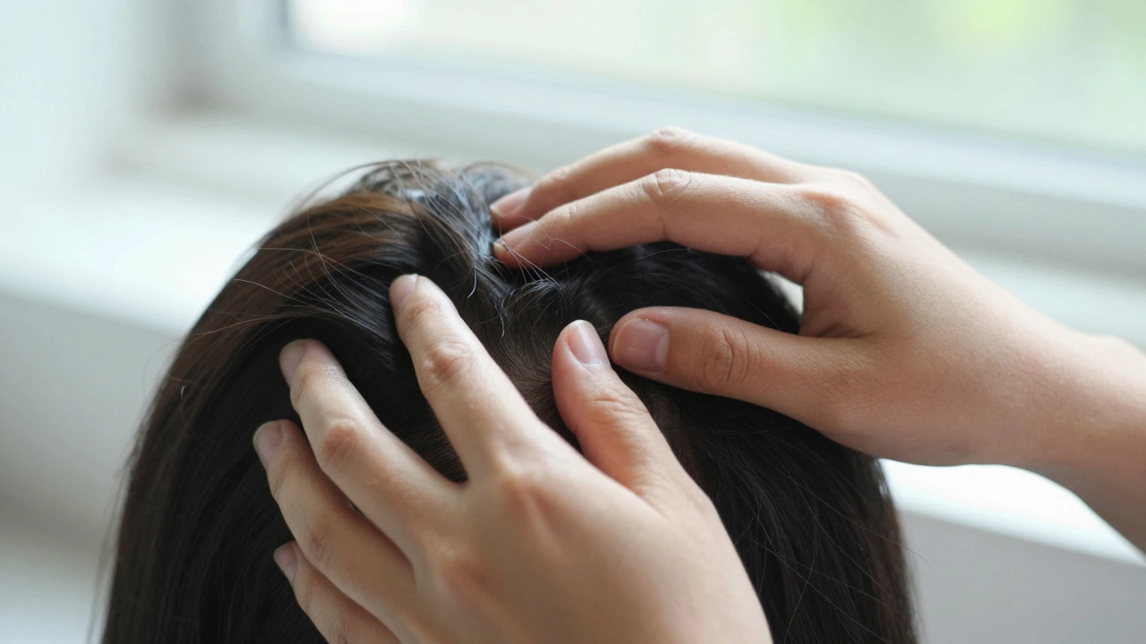 Handen masseren de scalp met vingertoppen in circulaire bewegingen.