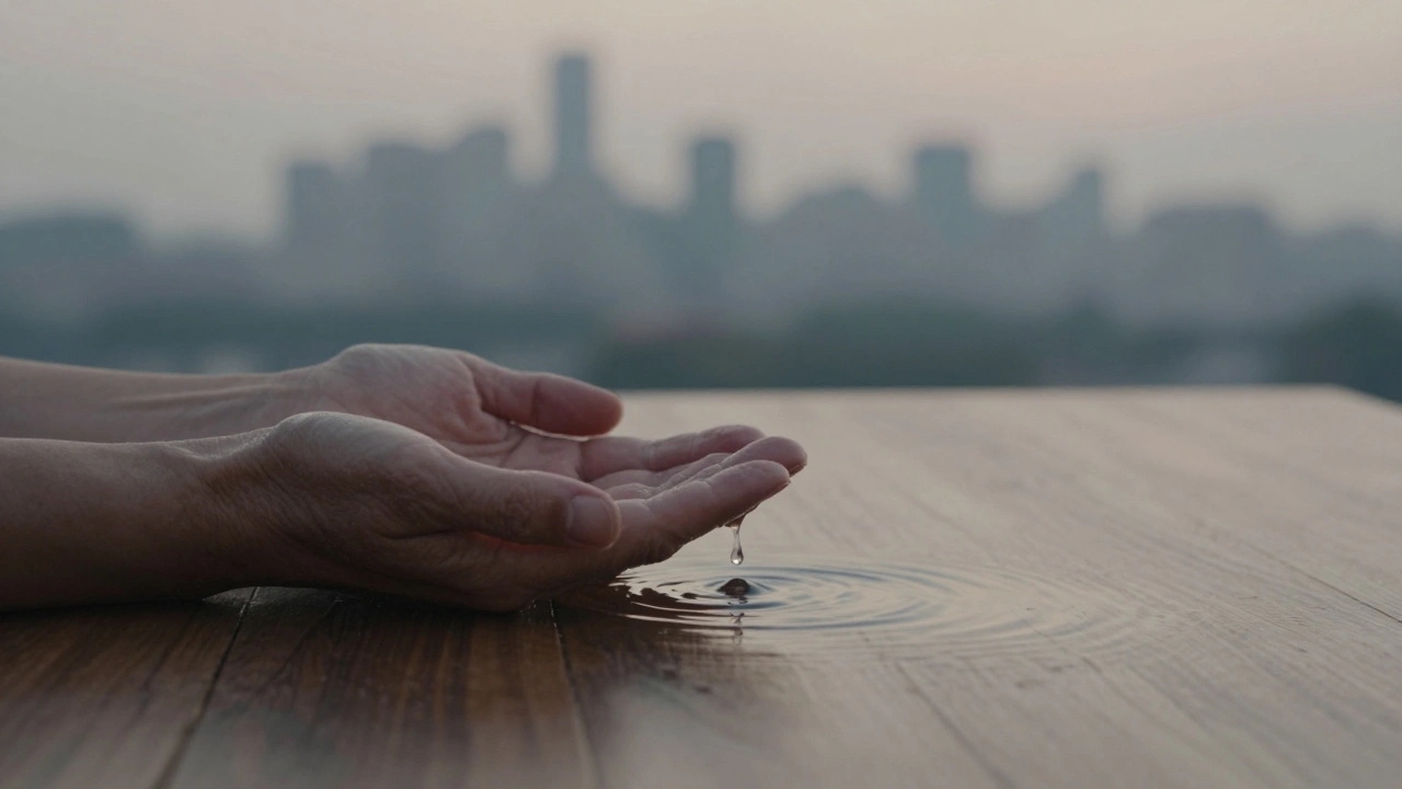 Handen rusten op houten tafel, een druppel water veroorzaakt rustige rimpels.