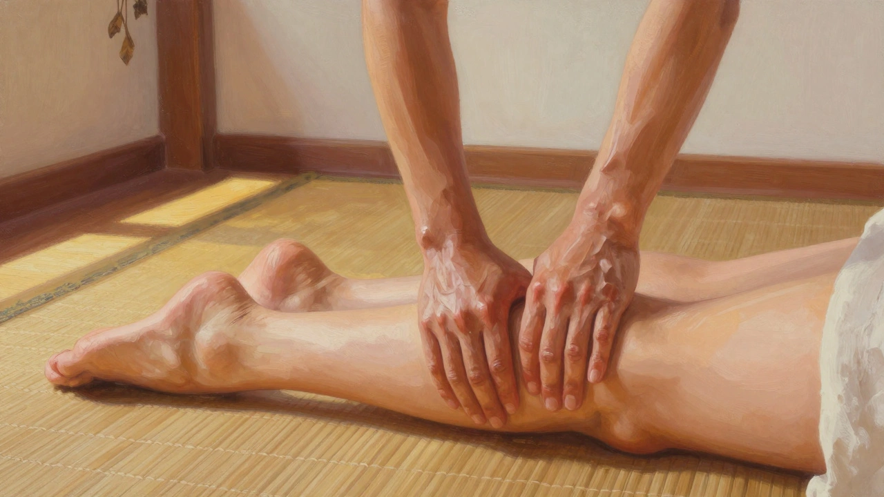 Handen strekken zachtjes een been naar de borst tijdens een Thai massage, met een rustige, natuurlijke sfeer.