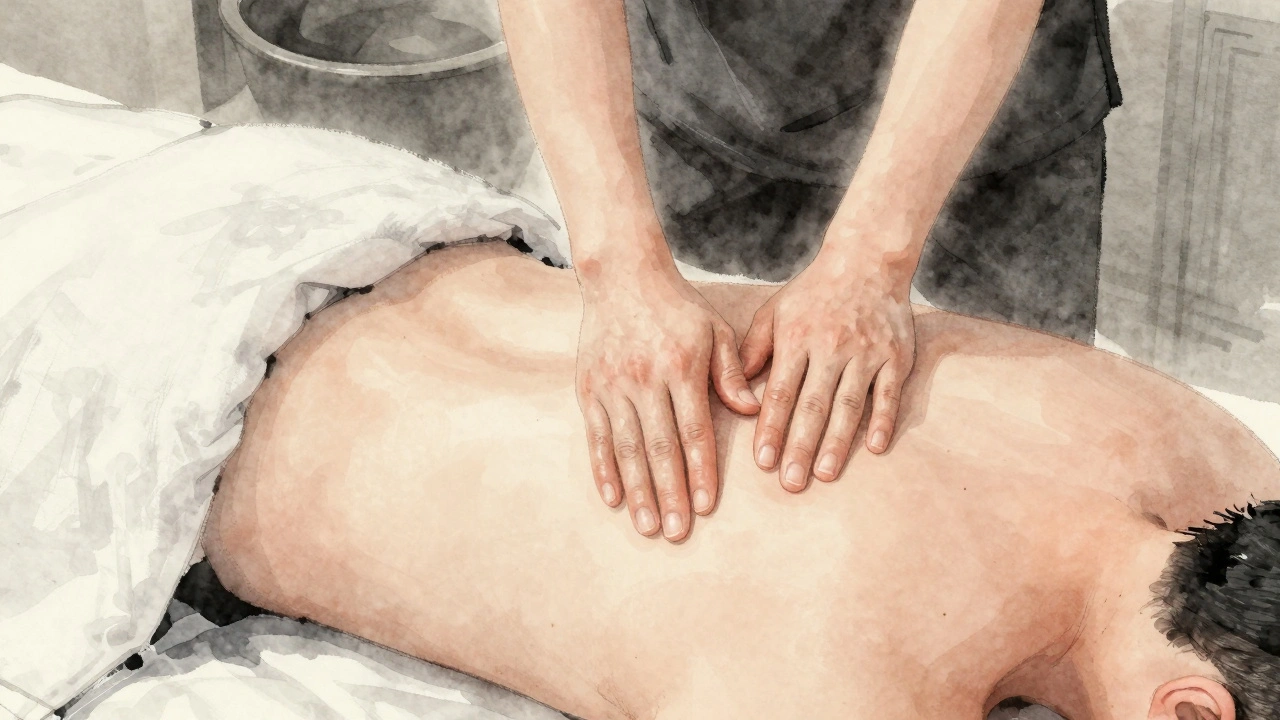 Handen van een masseur die zachtjes de schouders masseren op een tafel met een linnen deken.