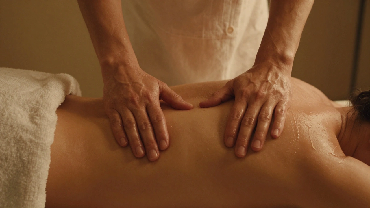 Handen van een masseur masseren zachtjes de schouders van twee personen die naast elkaar liggen, met een subtiele aanraking tussen hun vingers.