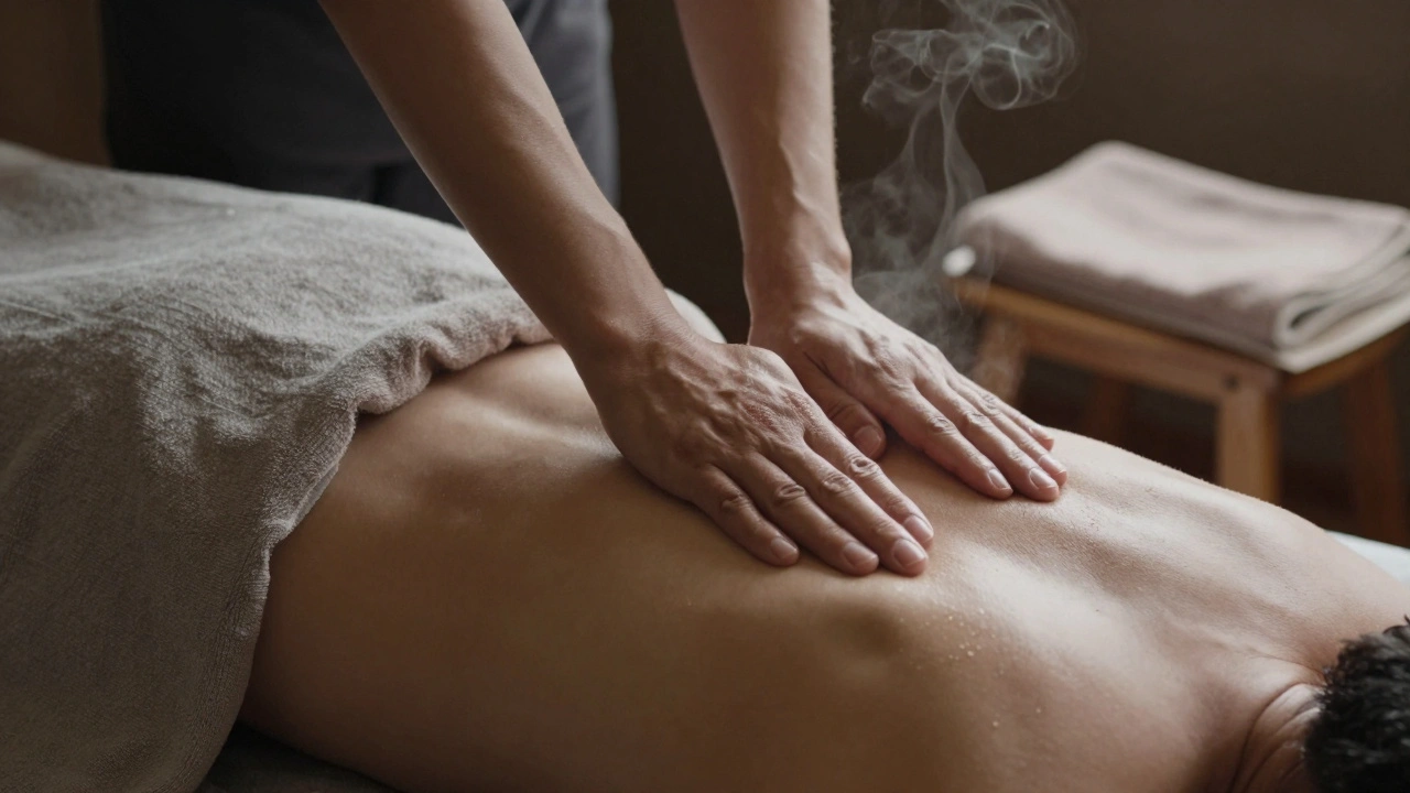 Handen van een masseur op de rug van een cliënt tijdens een ontspanningsmassage, zacht licht en linnen lakens.