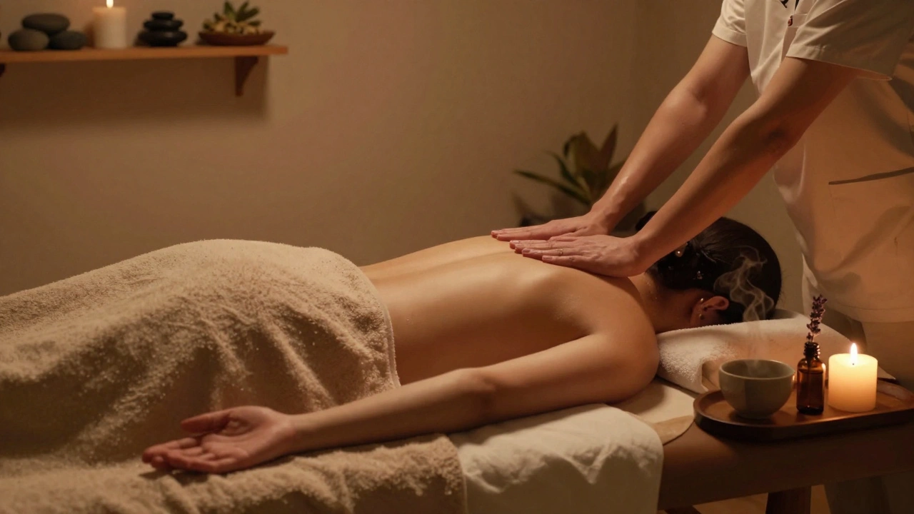 Iemand ligt ontspannen op een massagetafel, met een therapeut die zachtjes op de rug drukt in een serene kamer.