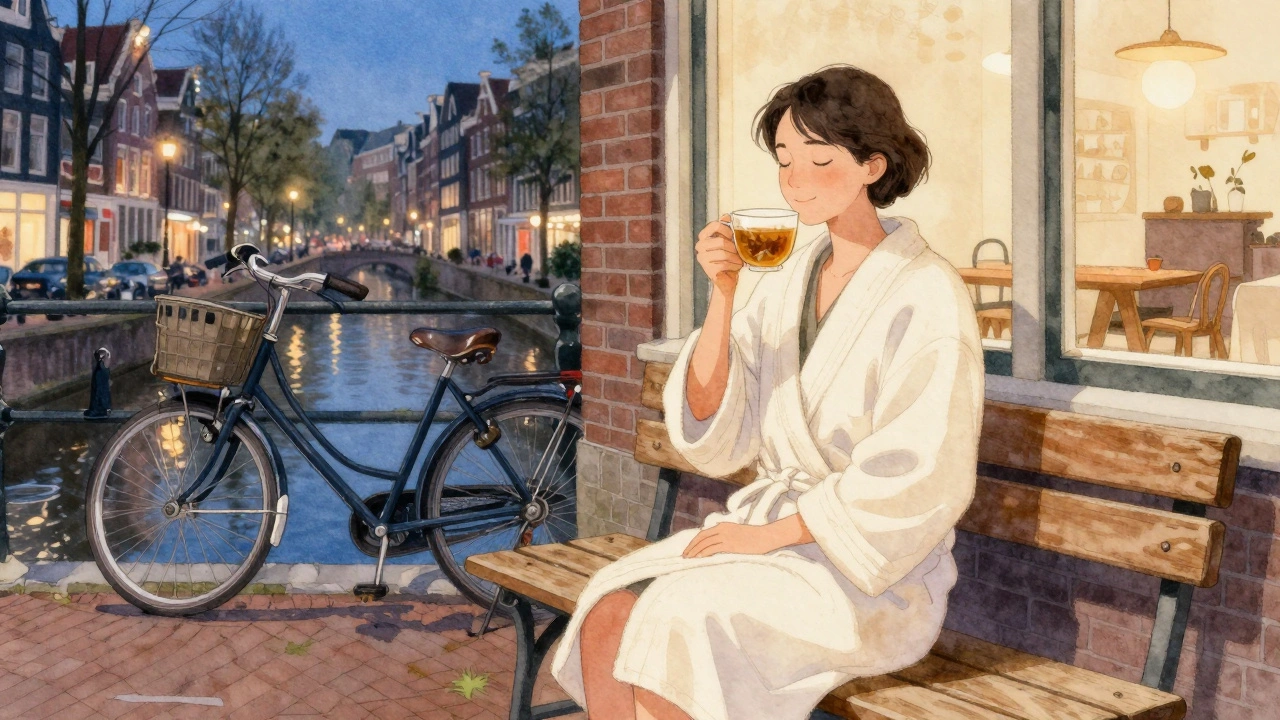 Iemand zit na een massage op een bank buiten een wellnessstudio in Amsterdam, met een kopje thee en een rustige uitdrukking.