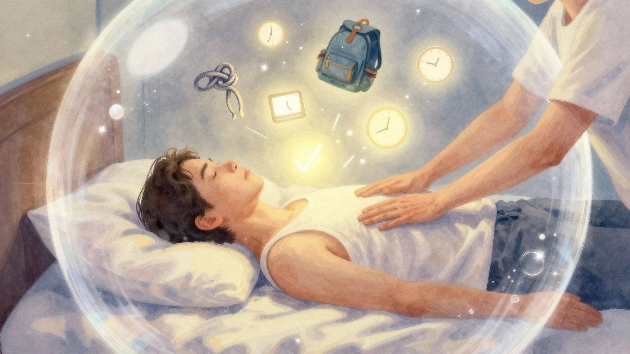 Iemand zweeft in een rustige bubble terwijl stresssymbolen verdwijnen, masseur raakt hun schouders aan van buitenaf.