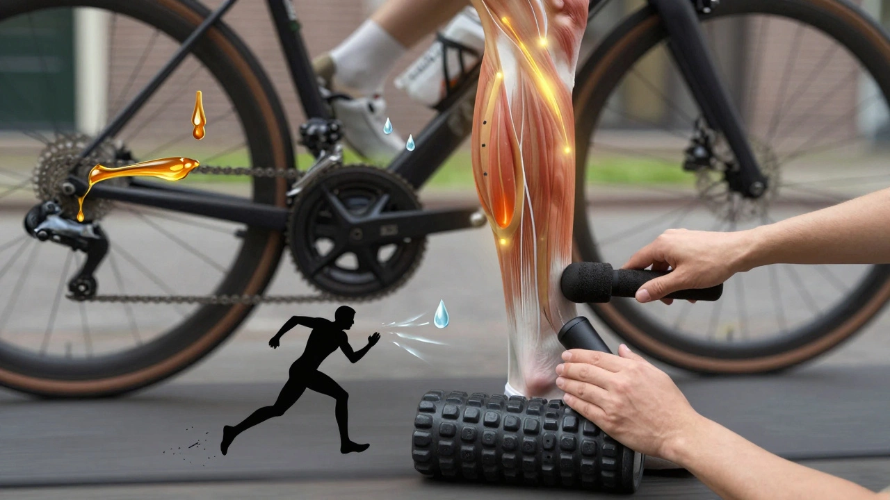 Illustratie van een fietser met myofasciale ontspanningstechnieken, met visuele metaforen van olie en energie in de spieren.