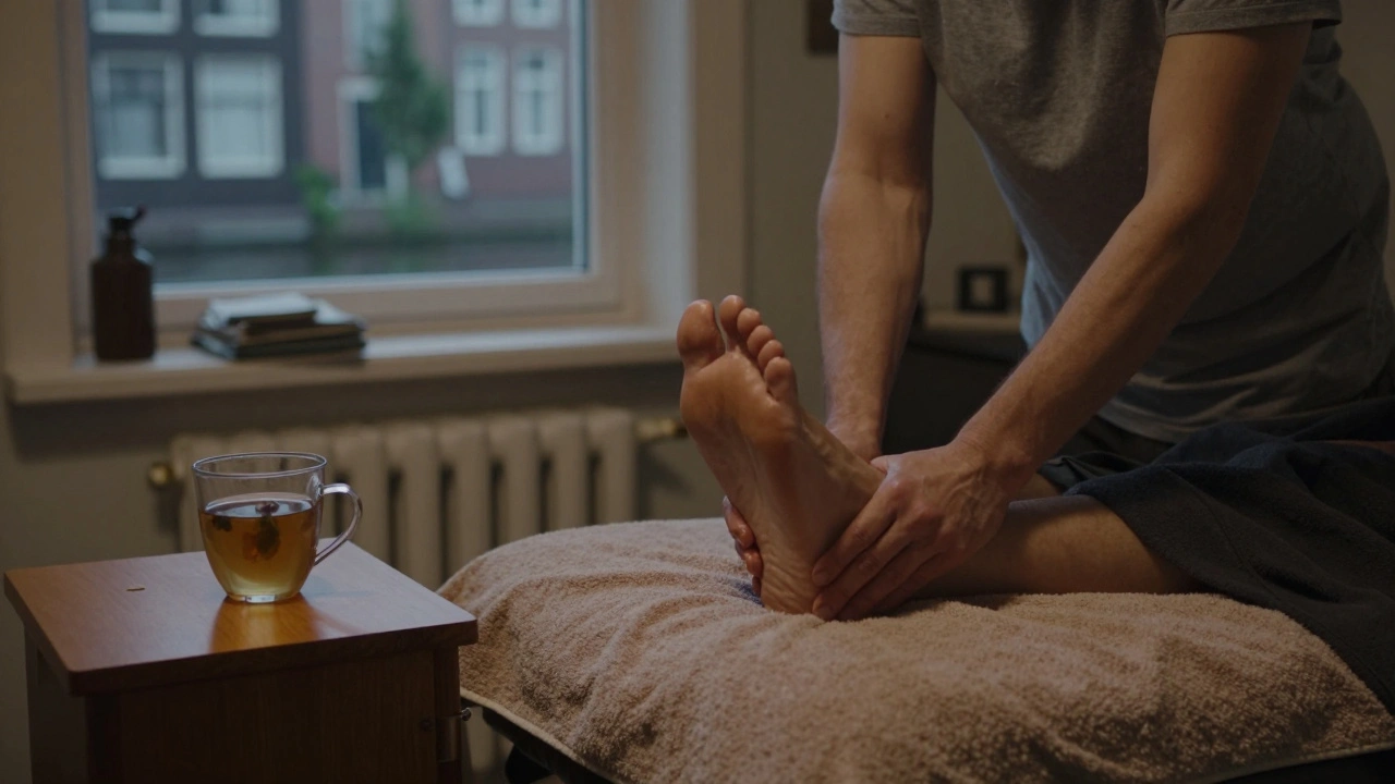 Masseur masseert de voeten van een cliënt in een bescheiden studio met een kopje thee op de tafel.