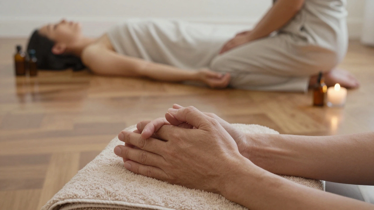 Nauwe close-up van twee handen op een handdoek, met een reflectie die de therapeut en cliënt in harmonie toont, zonder naaktheid.