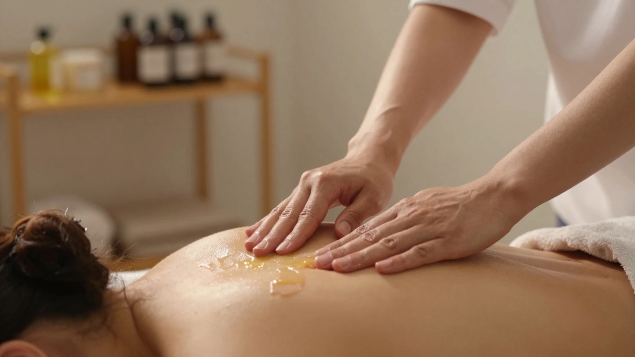 Nauwkeurige handen van een masseuse die olie aanbrengen op een schouder, met natuurlijke olien in de achtergrond.