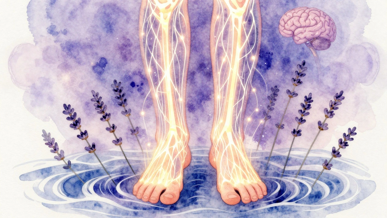 Neurale banen lichtend vanuit de voetzolen naar de hersenen, symboliserend rust door voetmassage.