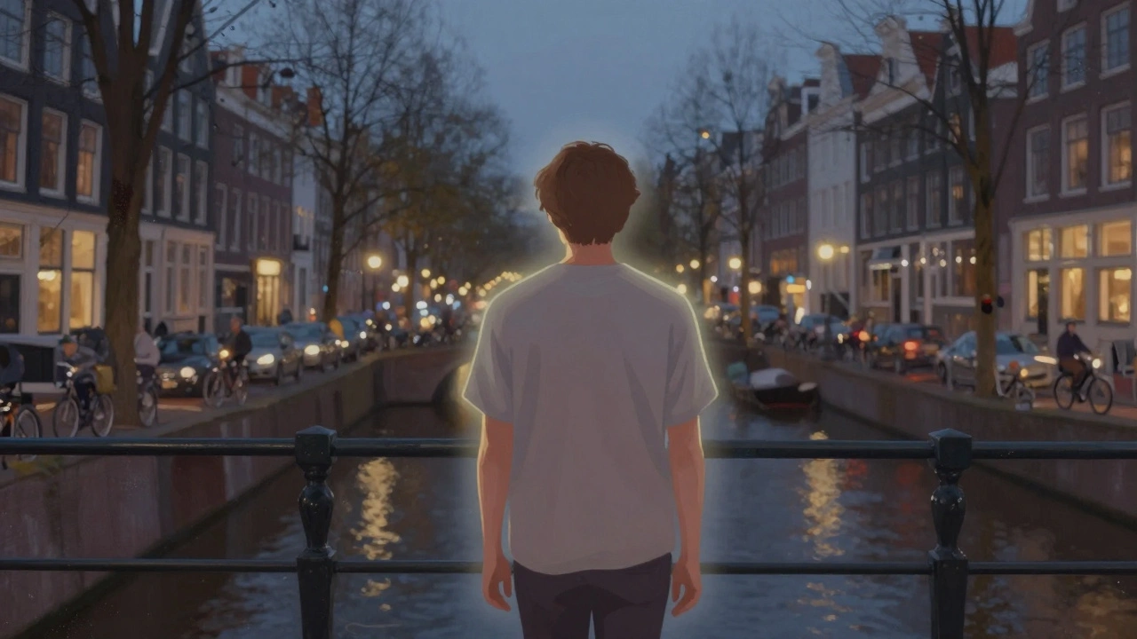 Persoon loopt ontspannen door Amsterdam’s grachten, lichaam straalt rust uit terwijl de stad druk is.