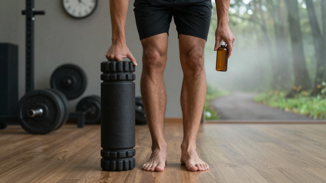 Persoon met foam roller en massageolie, split achtergrond: chaos vs. rust, natuurlijk licht, symbolisch herstel.