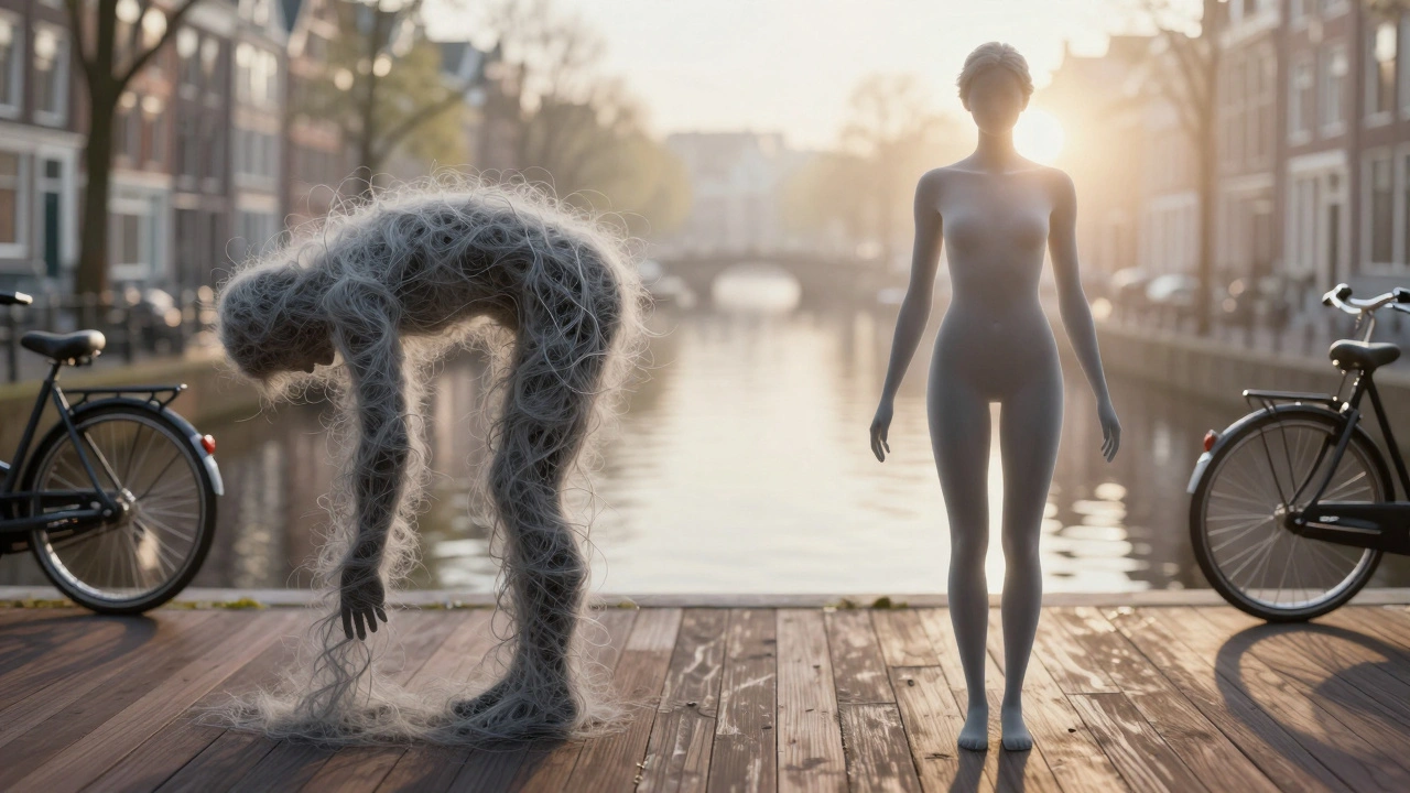 Silhouet van een mens met links verkeerde houding en rechts geherstelde, uitgelijnde houding, omgeven door Amsterdamse elementen.