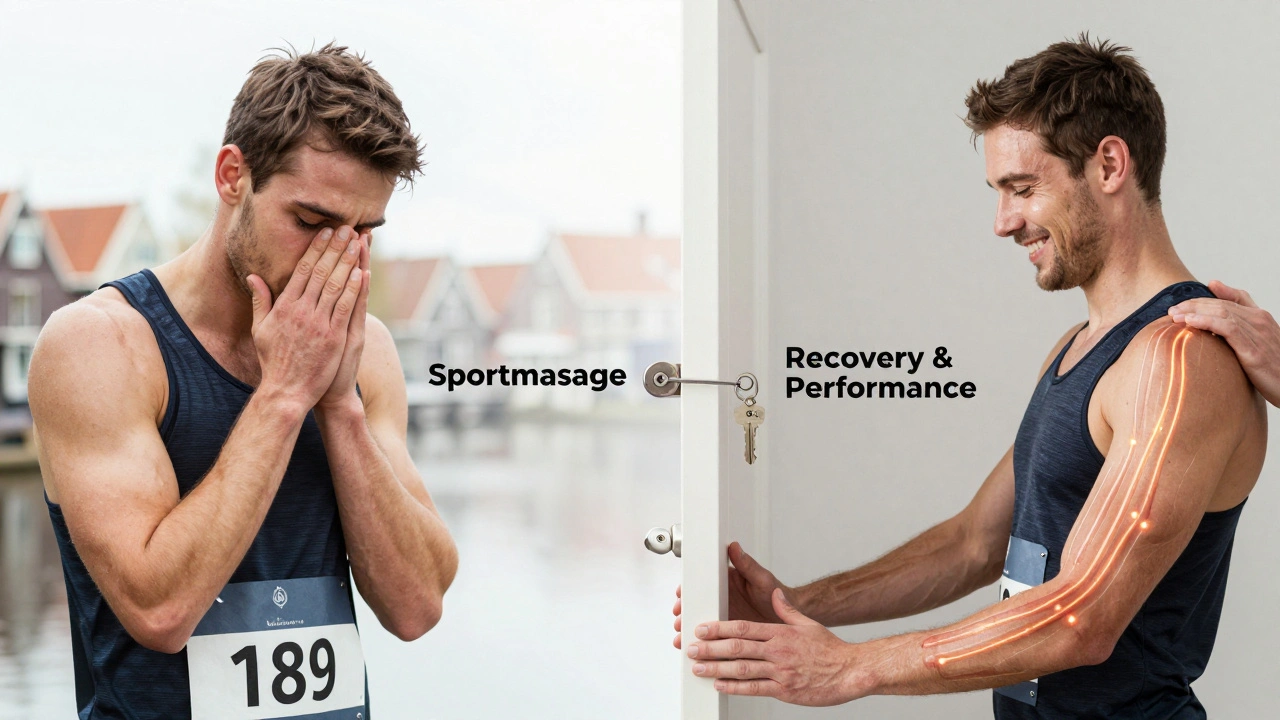 Splitbeeld: vermoeide atleet links, hersteld en krachtig rechts, met een sleutel die herstel en prestatie opent.