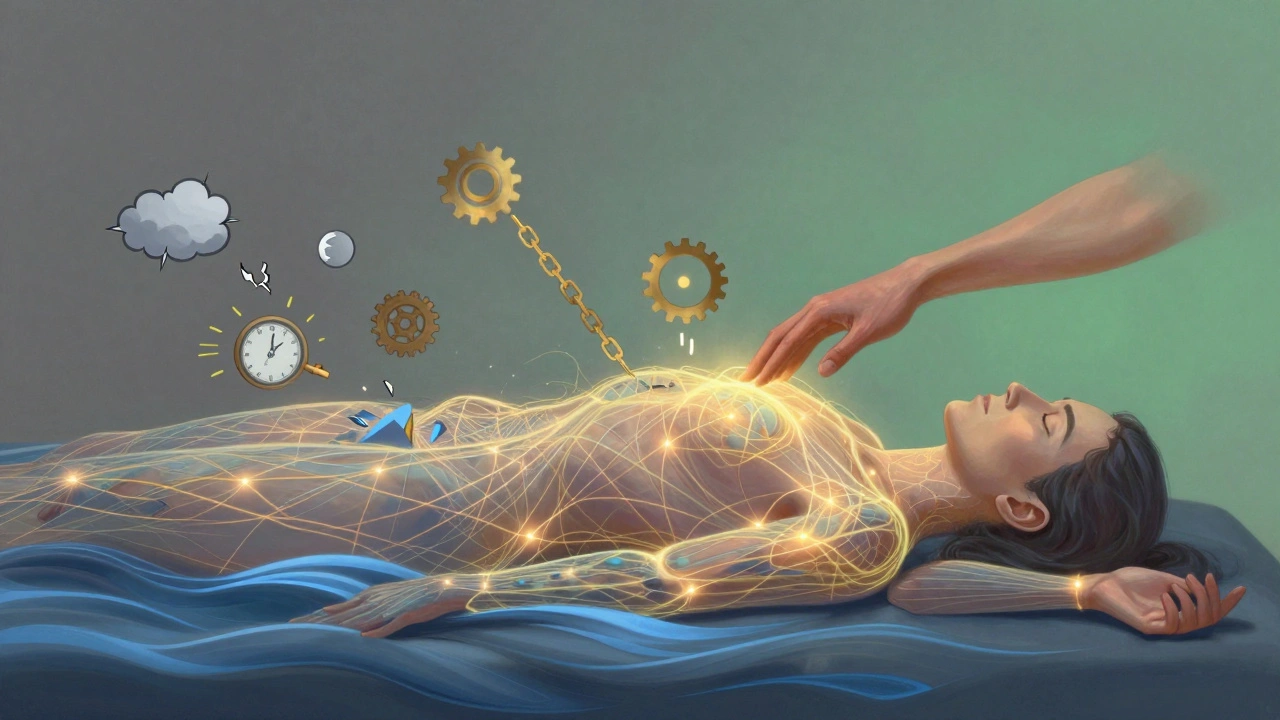 Symbolische weergave van energiebanen in het lichaam die worden vrijgemaakt, met stresssymbolen die oplossen in licht.