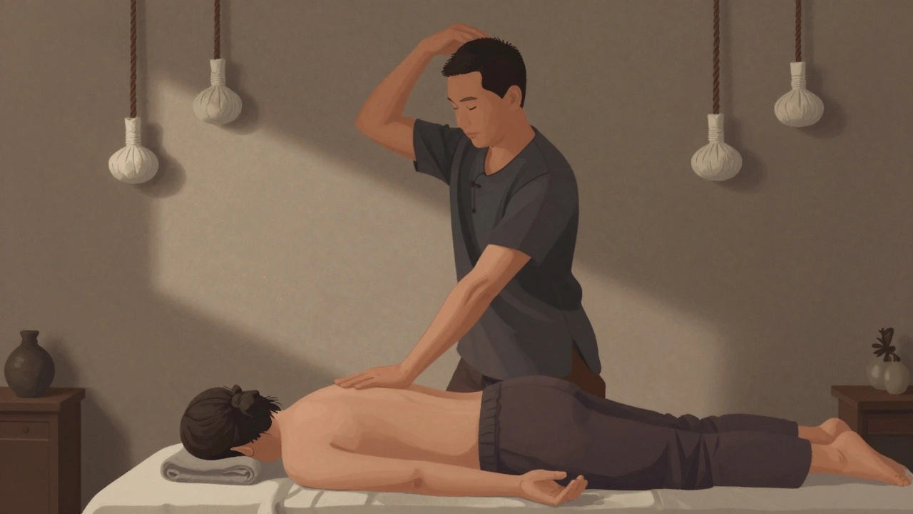 Thaise massage in een rustige Amsterdam studio, masseur rekent schouders en heupen uit in vloeiende bewegingen.