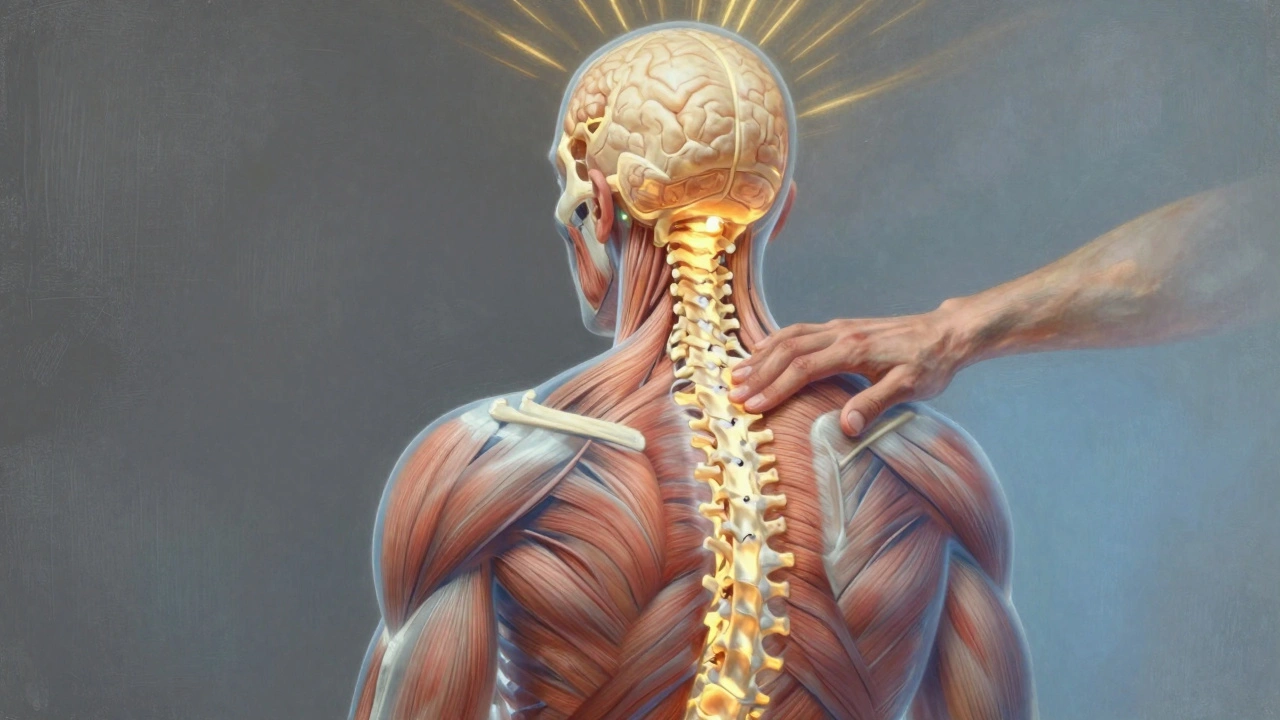 Transparante menselijke figuur met spanningslijnen naar de hersenen, therapeutische druk veroorzaakt rustlicht.