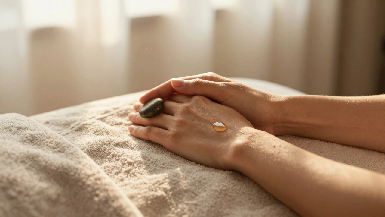 Twee handen rusten onder een deken, met een warme steen en een druppel lavendelolie — een moment van stil contact.