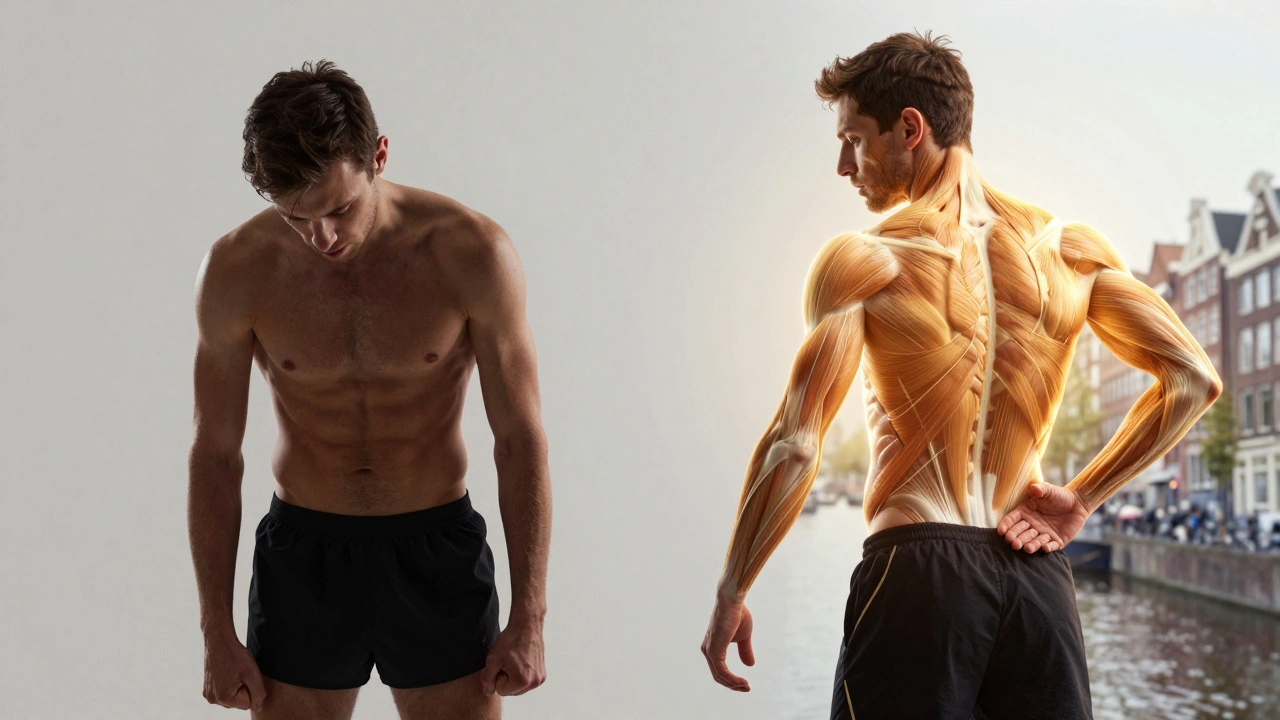 Vergelijking van een vermoeide atleet voor en na een massage, met een gevoel van herstel en kracht.