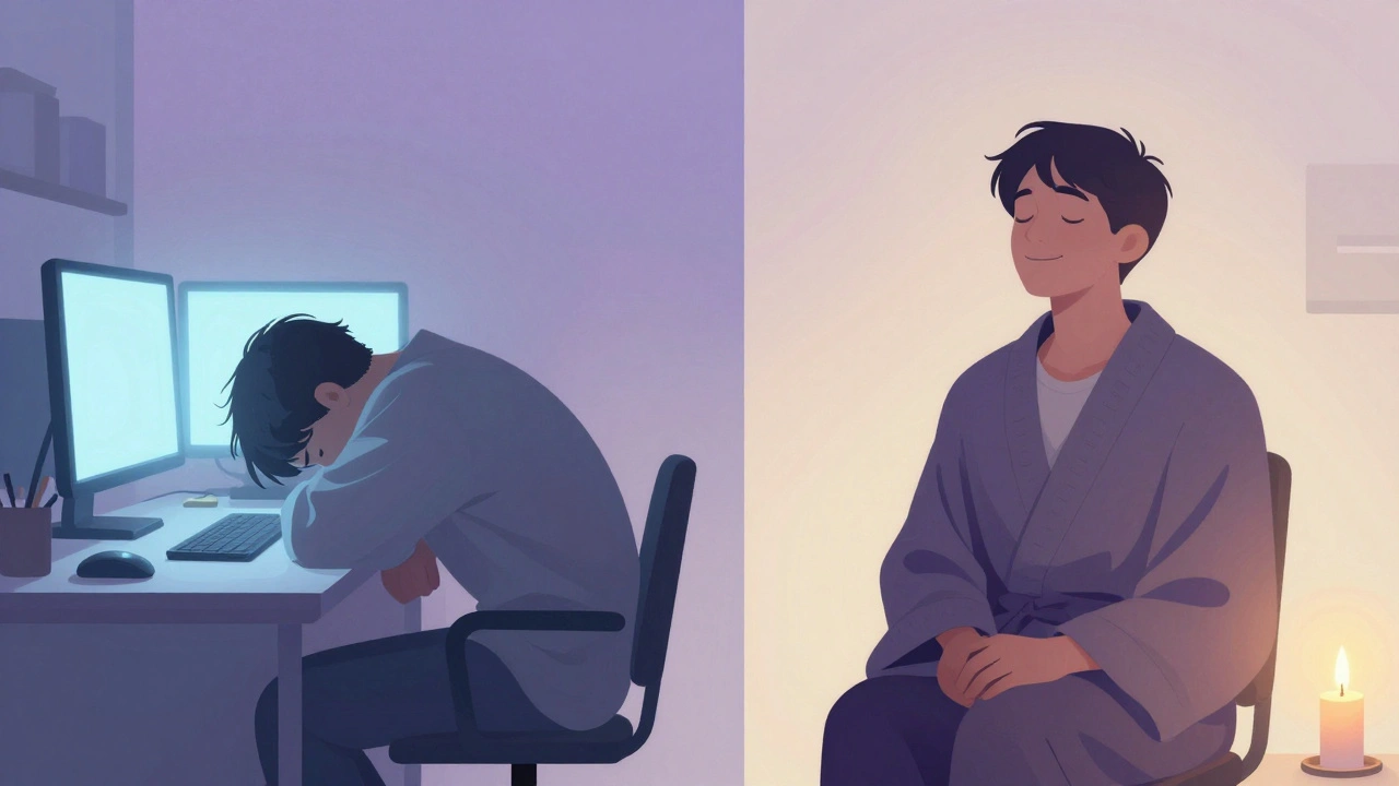 Vergelijking van spanning en ontspanning: links een gespannen persoon bij een bureau, rechts een vrije, rustige persoon.