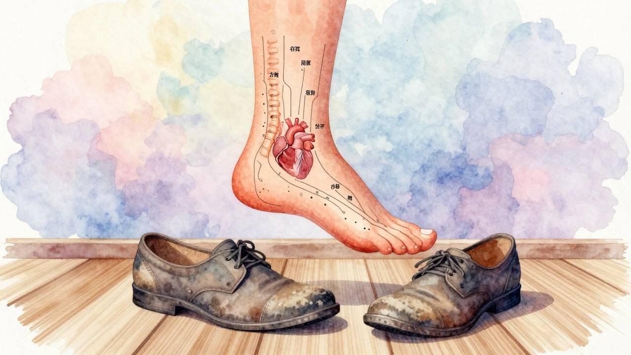 Voet als lichaamskaart met verbindingen naar organen, geïllustreerd in waterverfstijl.