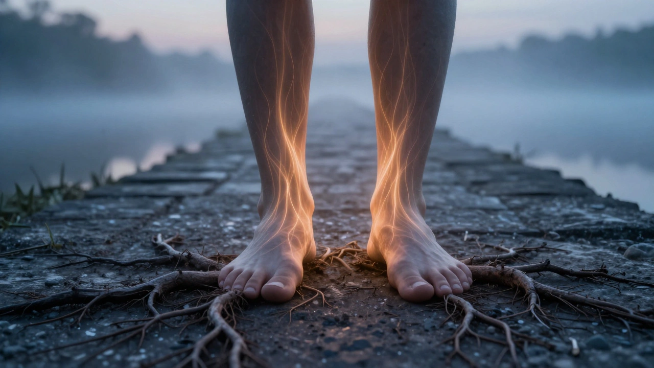 Voeten met wortels in de grond, energie stroomt naar het lichaam bij zonsopgang.