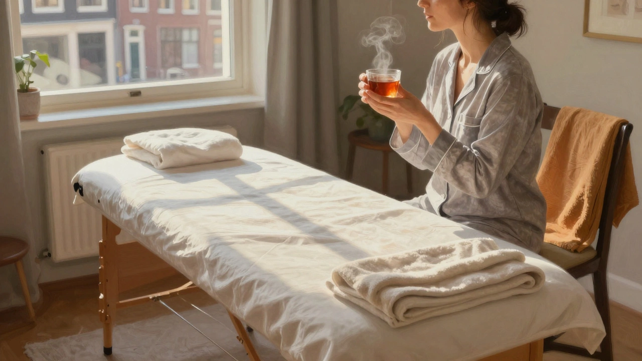 Vrouw zit op bed met een kop thee na een thuismassage, rustige sfeer, zonlicht door de ramen.